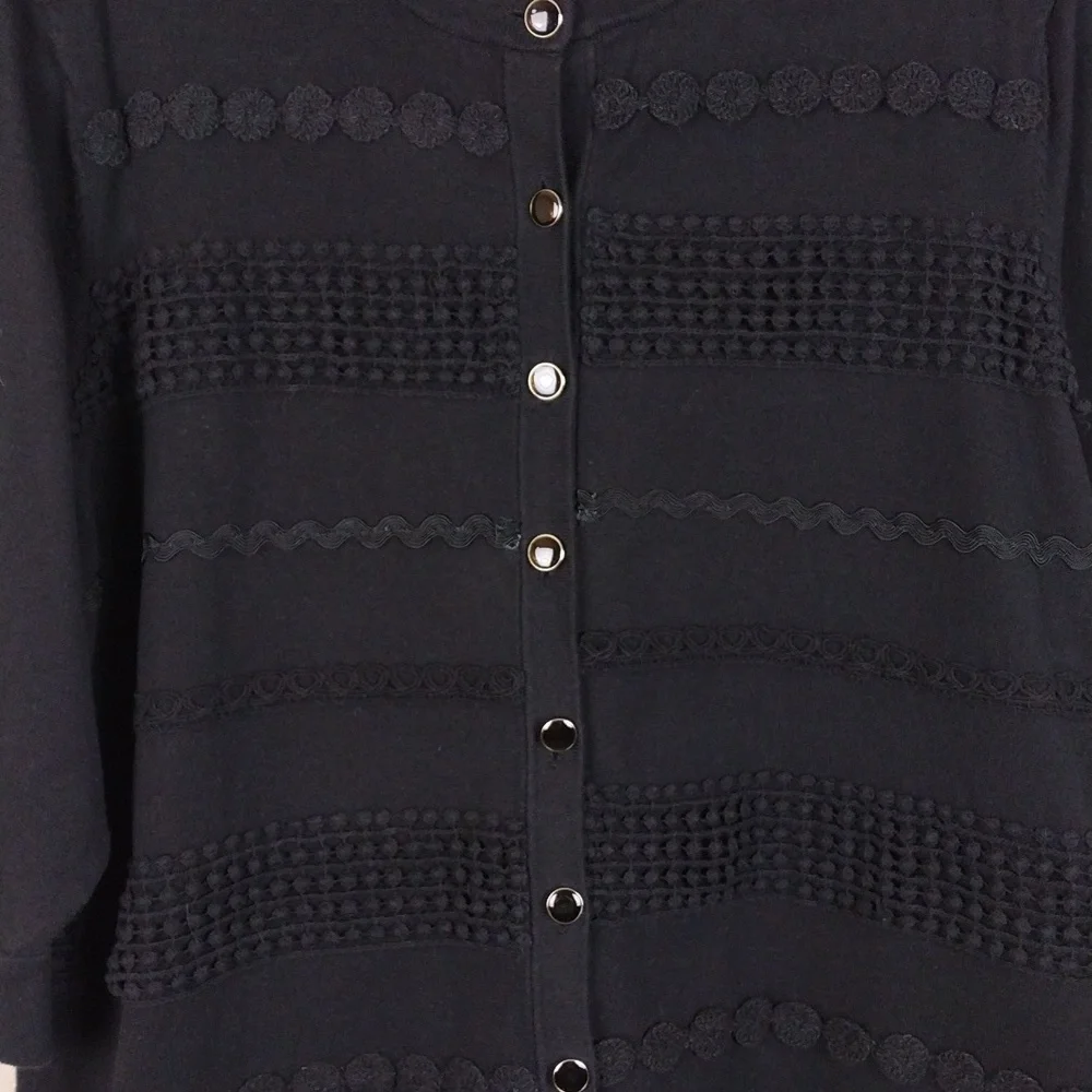 Charter Club Woman Black Crochet Textured Short Sleeve Button Up Cardigan Top - Picture 4 of 14
